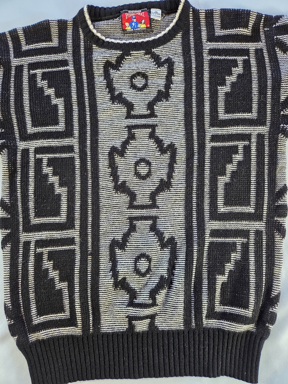 Vintage 90s Geometric Sweater Mens L Black White Knit Pattern